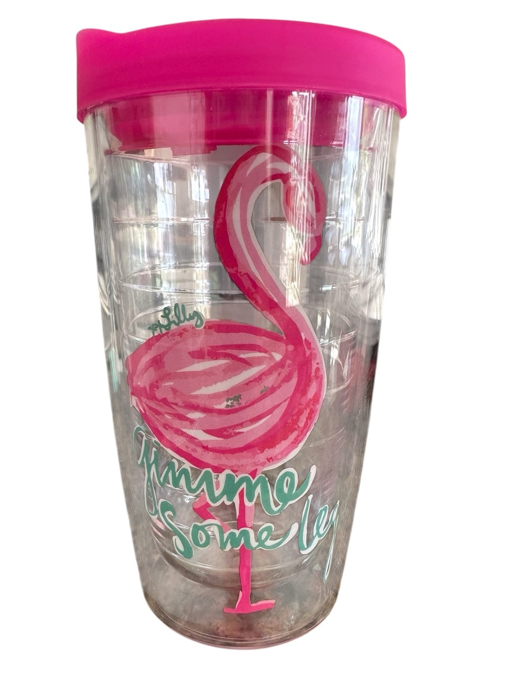 Lilly Pulitzer Pink Flamingo Beach Pool Tumbler Mint Script says Gimme Some Leg